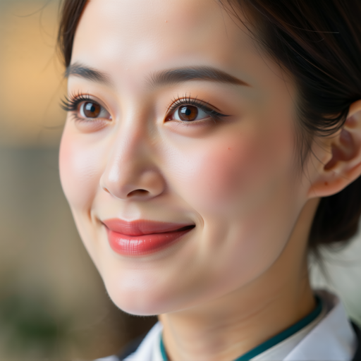 高级开发工程师头像,三十岁左右女性,穿白色衬衫,背景为浅蓝色,微笑表情